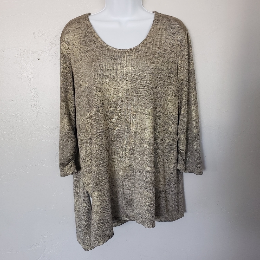 Lisette Montreal Vintage Women's Large Gold Black Blouse Asymmetrical Hem Top
